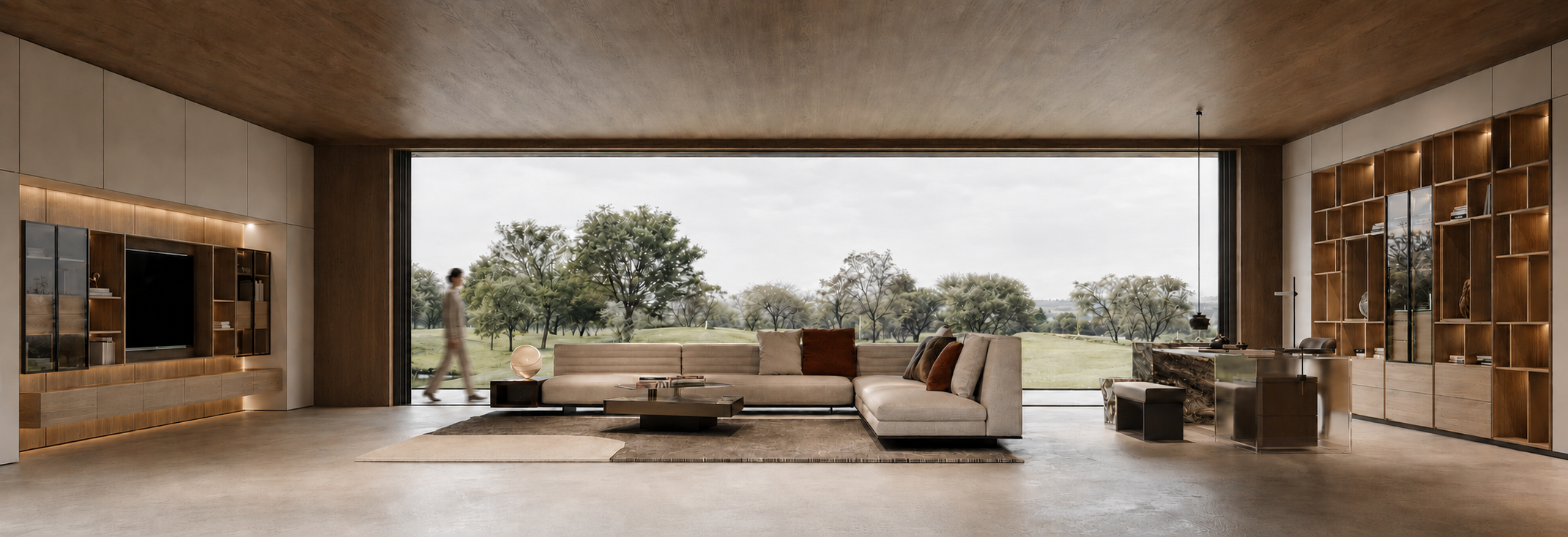 Luxury living room with panoramic landscape view and integrated BENJUE interior delivery
