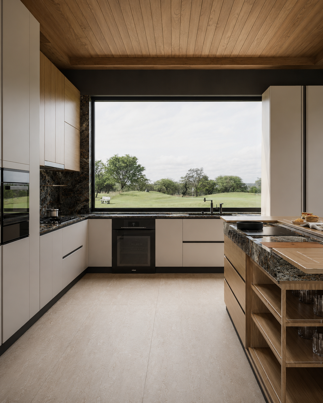 Luxury kitchen with timber ceiling, custom cabinetry, and landscape view