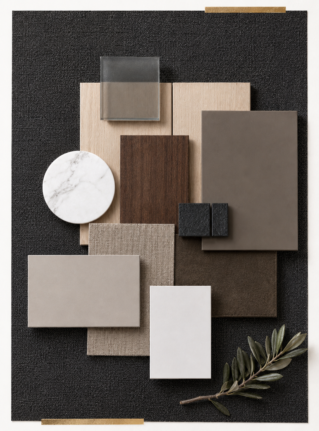 Curated BENJUE material board with timber, stone, fabric, and metal finishes